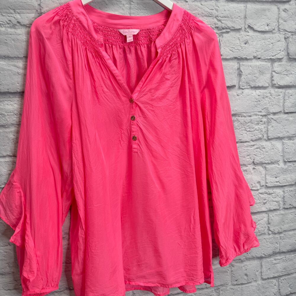 Lilly Pulitzer Elsa Silk Top Size XL Bright Pink Ruffle Sleeve V-Neck - Picture 2 of 6